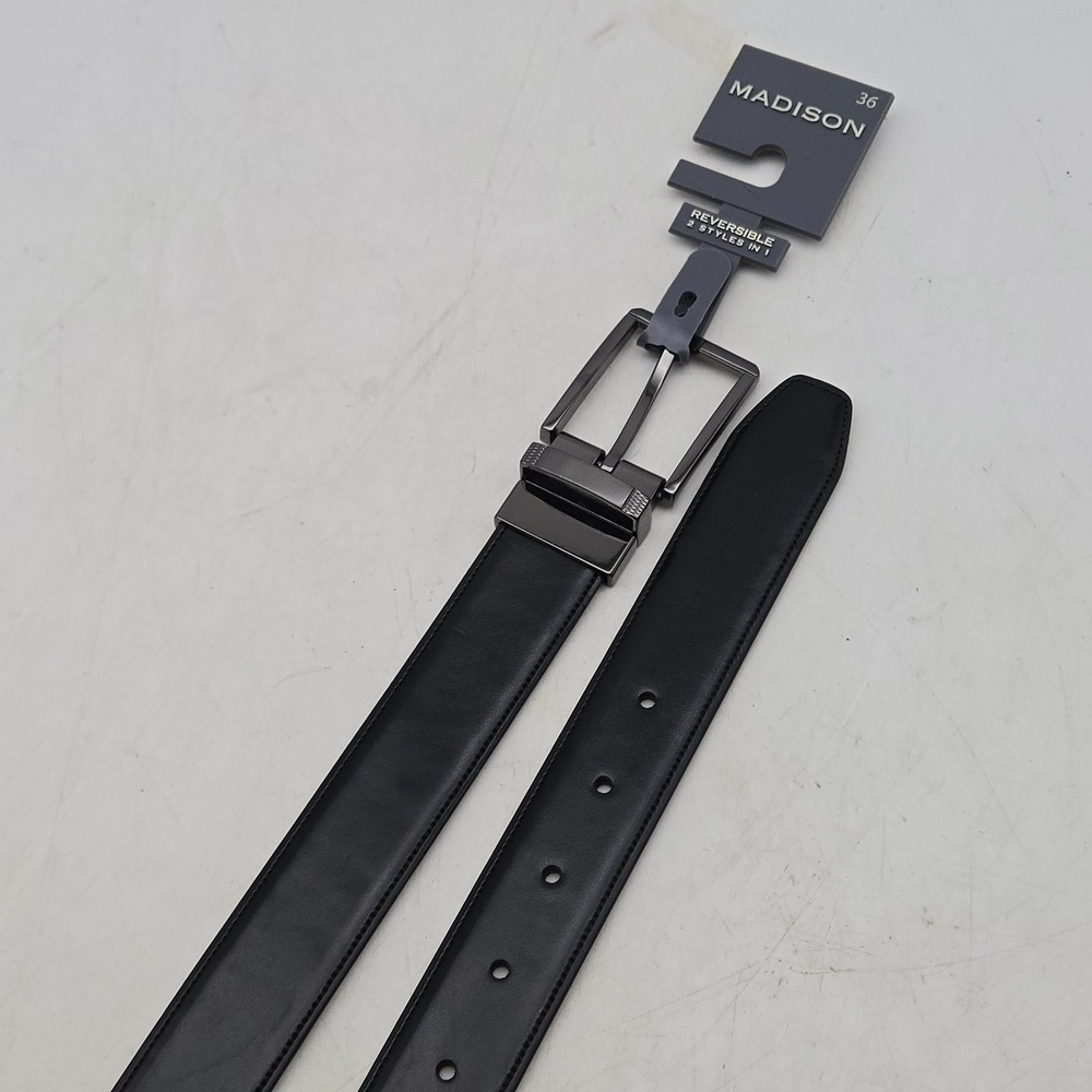 Madison Belt Black Brown Reversible Syn Leather Men 36 Nickel Buckle New